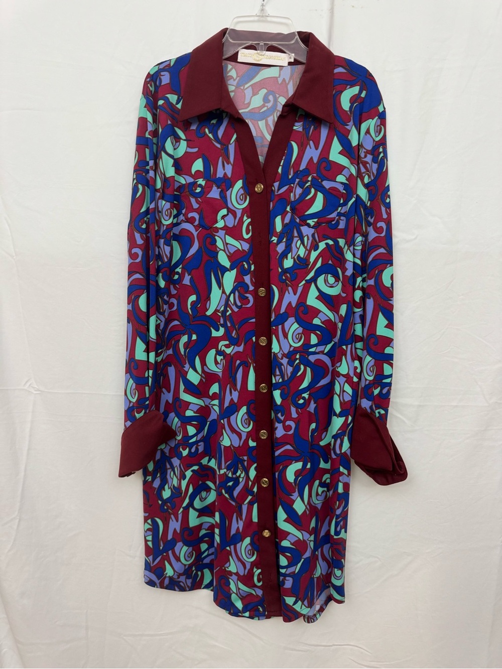 Tracy Negoshian Burgundy, Teal & Blue Abstract Button-Front Shirt Dress